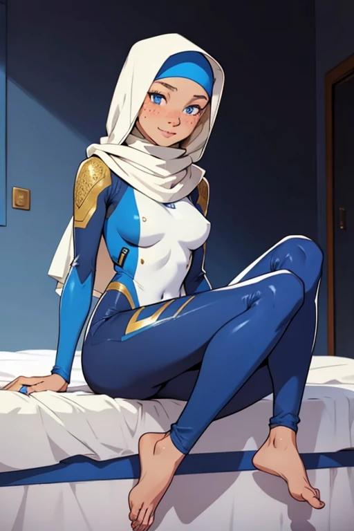 a beautiful 22 years old barefoot  woman, wearing a bodysuit and a hijab, blue eyes, sitting on a bed, a lot of facial freckles, cheerful.