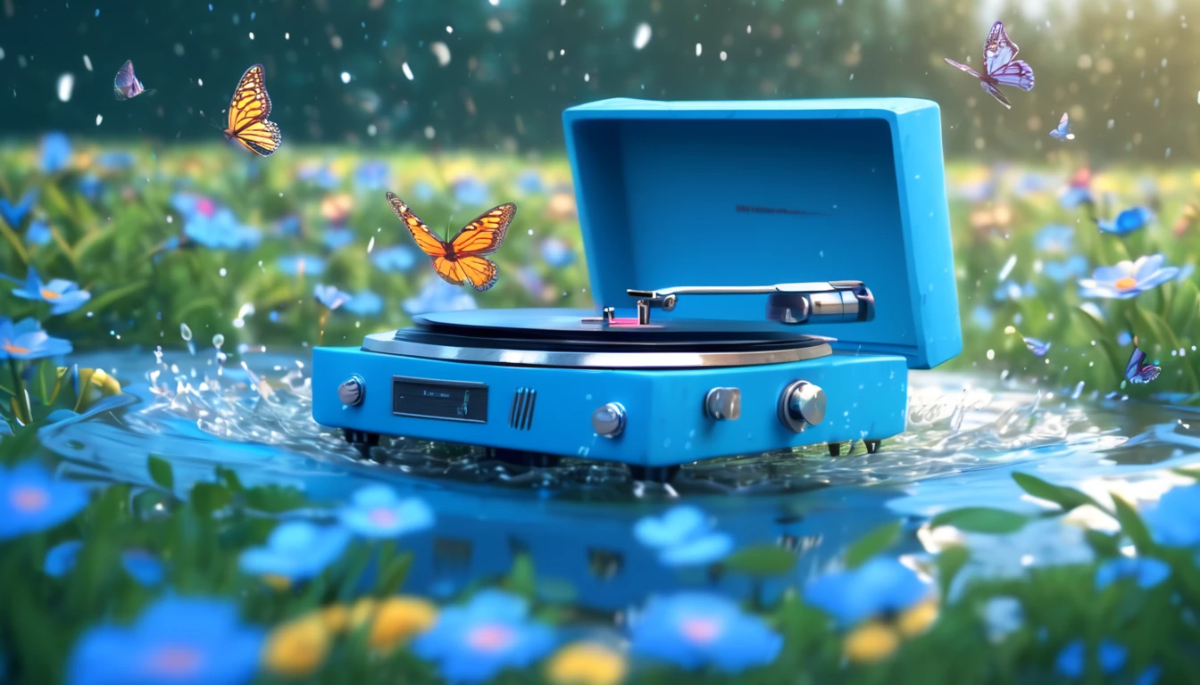 There is a blue record player sitting in the middle of a water-soaked flower field, butterflies, splashing water, music in the air, spinning records, high detail scenes, animation style rendering, hi-fi art style, high detail composition, beautiful composition 3d 4k, fanart, Spring Vibration, Bottom Angle, blur and dreamlike illustrations, Dreamlike scenes, digital art, High fidelity aesthetics