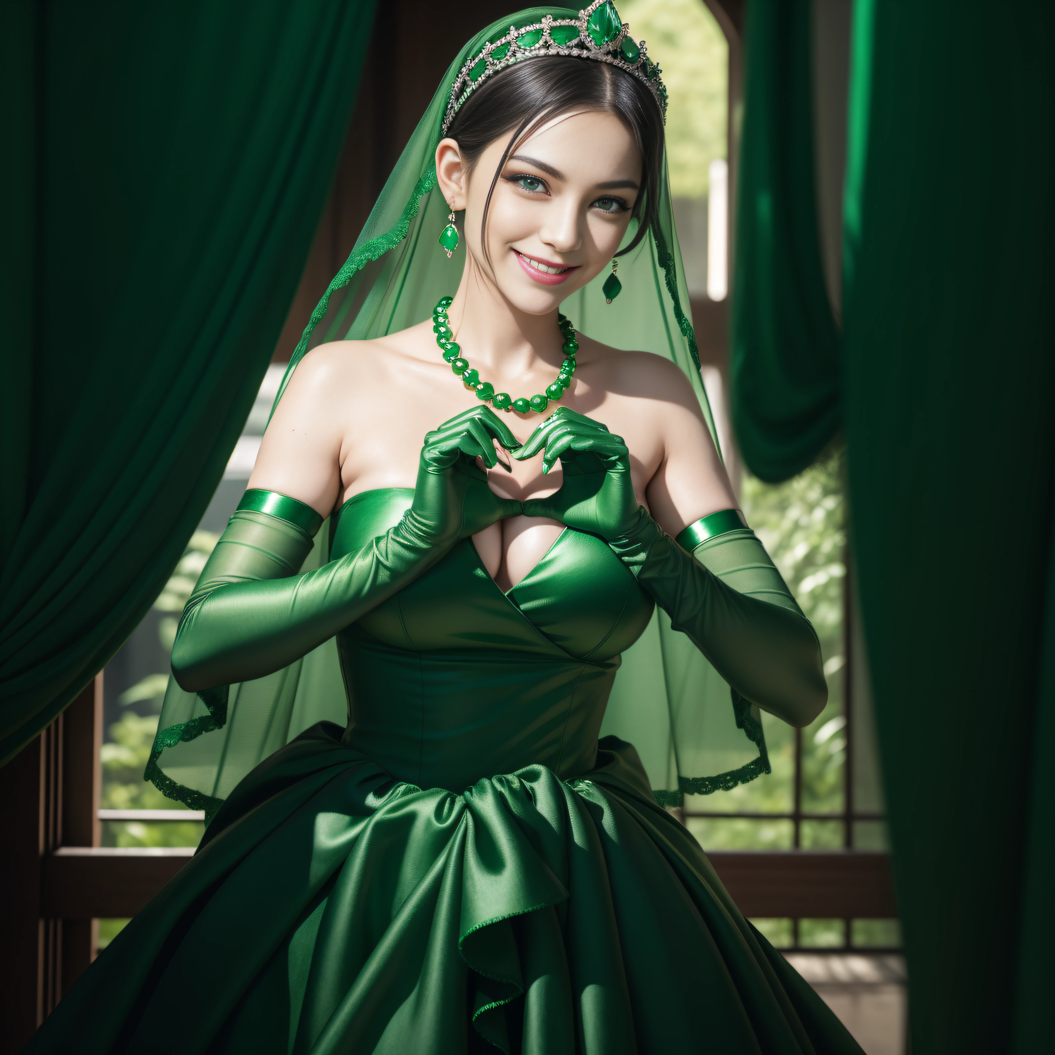 emerald tiara, Green Pearl Necklace, Boyish very short green hair, lipsticks, Japan woman smiling, very short short hair, big breasts beautiful, Green eyes, Long green gloves made of satin material, Green eyes, Emerald Earrings, green vale, Heart with both hands, Green hair