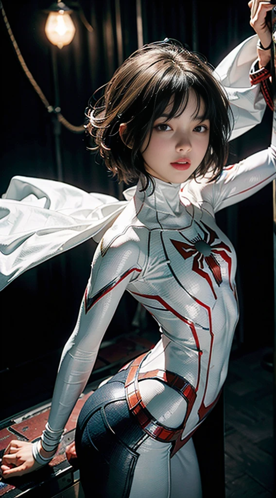 female spider-man,Beautiful Satomi Ishihara、Raw feet、White leotard suit,poneyTail、Beautiful camel toe、Beautiful udder、beautiful thigh、Beautiful arms、Black spider symbol,high-heels、,Golden ratio body, Flexible body,Calm expression,New York City at night,Handsome gestures,heroism,majestic appearance,Abs