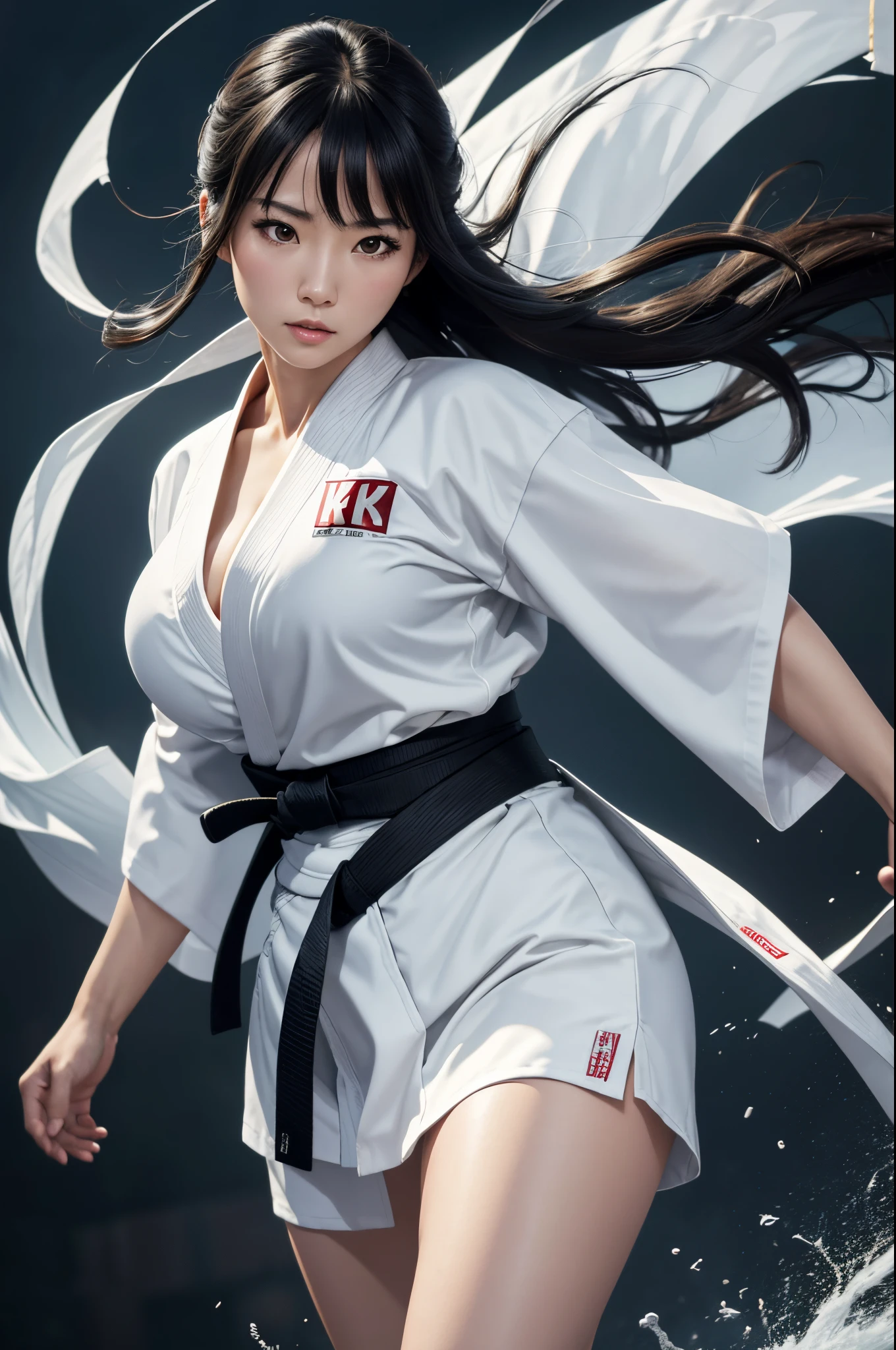 8K,Japanese Lady,A dark-haired,White kimono,high quality karate、Dynamic Actions、Kick up high,movimentos poderosos、Dynamic backgrounds。large full breasts,frontage,Look at viewers,glareing,karate lady portrait,超A high resolution,real looking skin,Precise hand details,