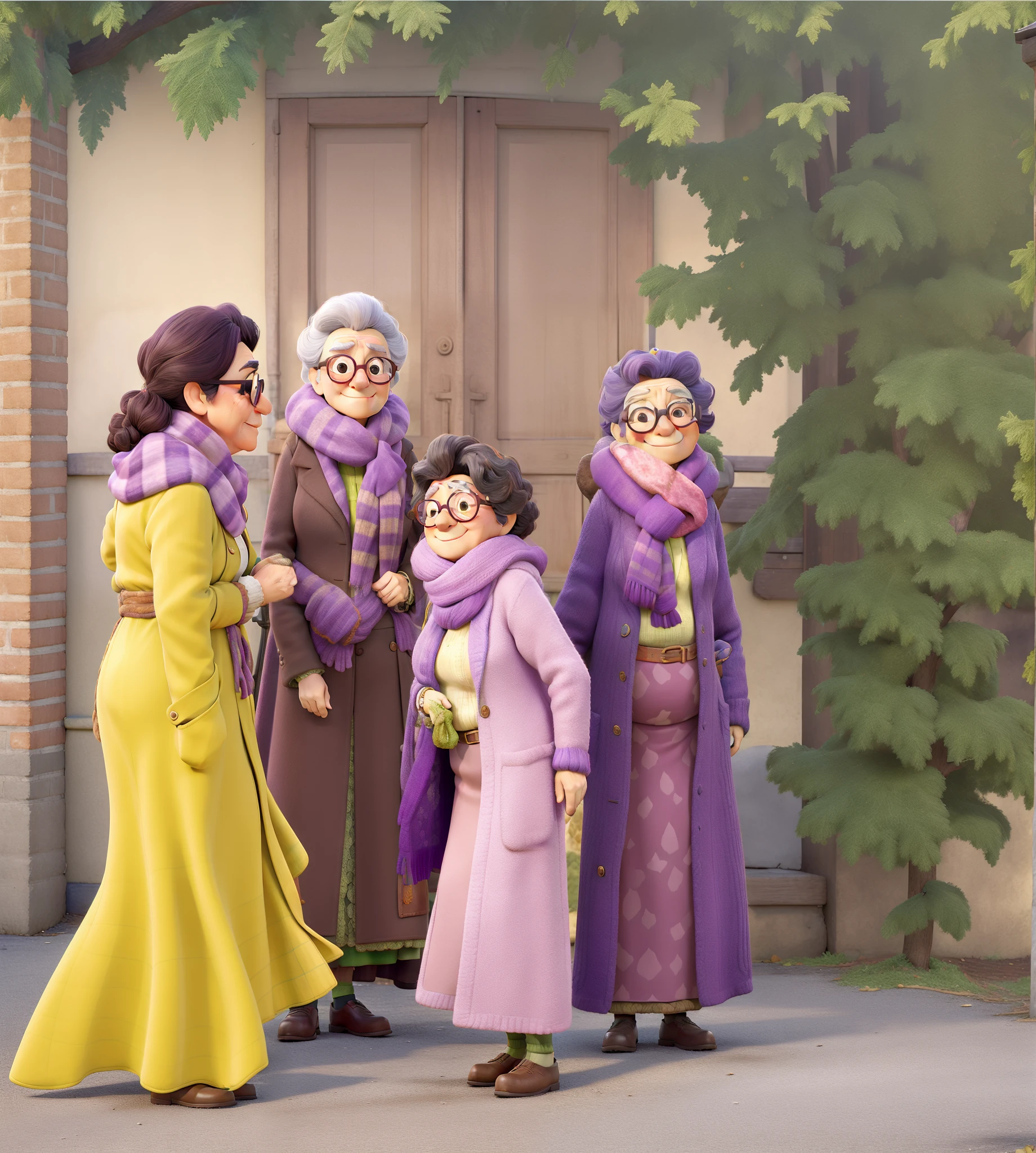 masterpiece, best quality, an old woman with glasses and a scarf on, wearing a purple coat and green scarf, standing at the park