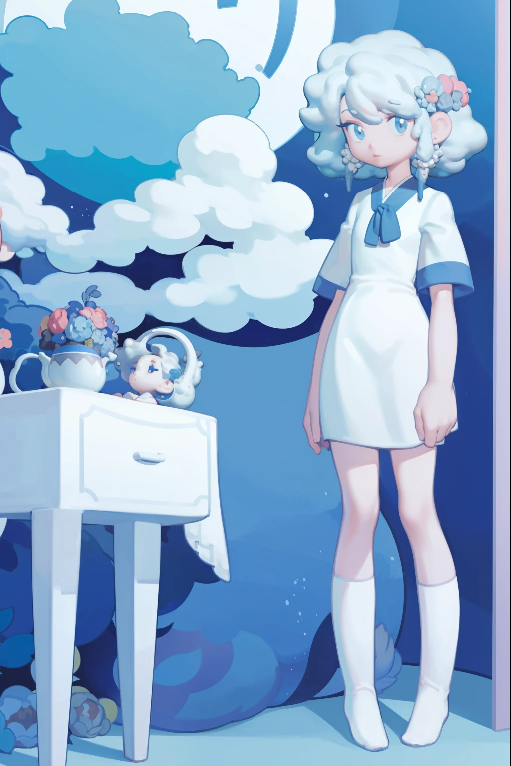 1 girl, chibi, in full height, white colored hair, blue clothes, whitebackground, clouds, Cloud