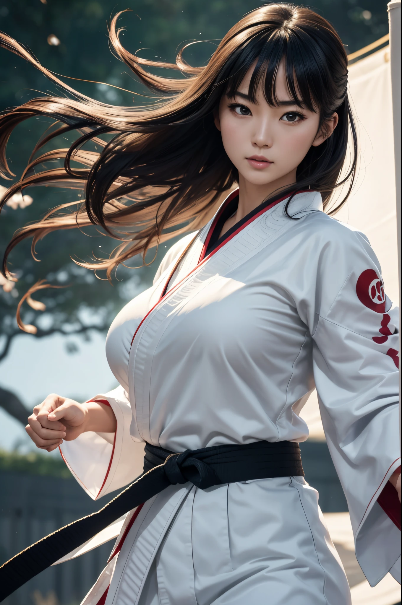8K,Japanese Lady,A dark-haired,White kimono,high quality karate、Dynamic Actions、Kick up high,movimentos poderosos、Dynamic backgrounds。large full breasts,frontage,Look at viewers,glareing,karate lady portrait,超A high resolution,real looking skin,Precise hand details,