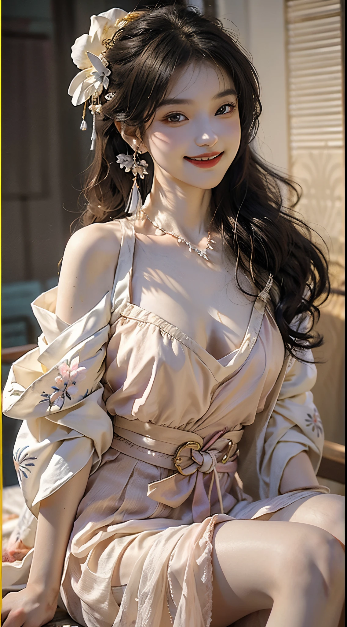 ((knee shot)), Shot from a random perspective, ((actual)), 1 Asian female model, A young girl, (closeup cleavage), the night, themoon, (in the attic, Leaning against the guardrail), Pleasing posture, Various postures attract attention, Flirting skirts, detailed scene, slender leg, curlies, hair pin, beautiful hair ornaments, Brownish-yellow hair, light make-up, blush blush, gloss on the lips, (Hanfu), ((White flower hanfu, draped in silk, DEEP-V COLLAR, high-waist, nice belt)), (white colors, Light yellow, light pink, light violet), ((warmly lit, Warm color palette)), (Extremely high color saturation), detailed detail, ultra - detailed, (tmasterpiece, Best quality), (An extremely delicate and beautiful work), elaborate earrings, delicatenecklace, simple blurr background, Extremely detailed description, Ultra-fine painting, s delicate face, slim toned body, Slimming the waist, (happy grin), (Anatomical correct)