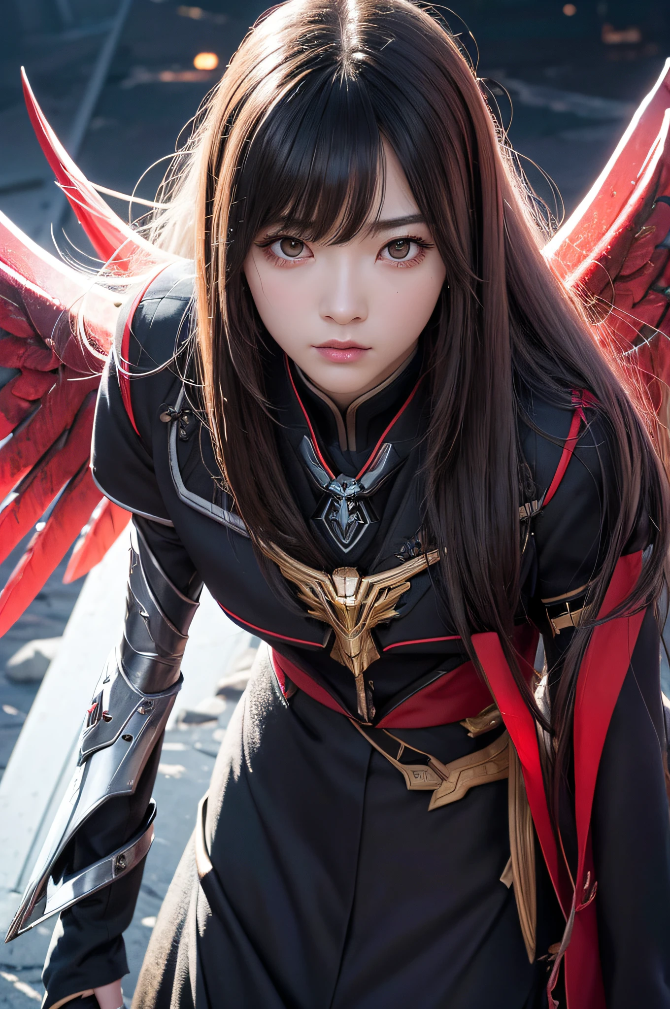 1 Japanese、War Frame、Prime、Si Prime、Bolt Prime、saryn prime dynamic pose、complex pattern、heavy-metal、energy line、Faceless Glowing Eyes、With long silver hair、wind blown hair、elegent、vehement、Blood red and black uniform、Bloody wings、独奏、A desert、Sunny、with light glowing、toenails、 Dramatic lighting、 (masterpiece:1.2)、top-quality、hight resolution、beautifuldetails、ighly detailed、Perfect litthing、Stroke Hua、frombelow