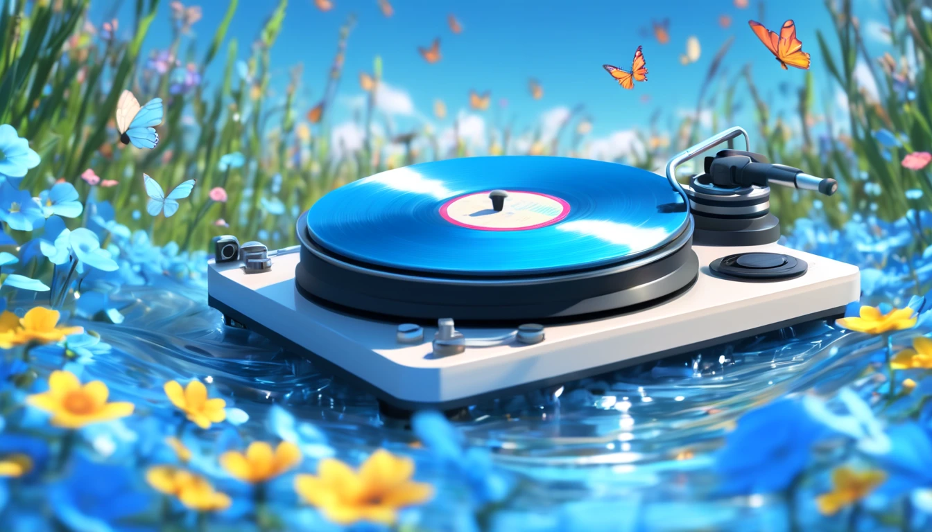 There is a blue record player sitting in the middle of a water-soaked flower field,blue sky,cloud, butterflies, splashing water, music in the air, spinning records, high detail scenes, animation style rendering, hi-fi art style, high detail composition, beautiful composition 3d 4k, fanart, Spring Vibration, Bottom Angle, blur and dreamlike illustrations, Dreamlike scenes, digital art, High fidelity aesthetics