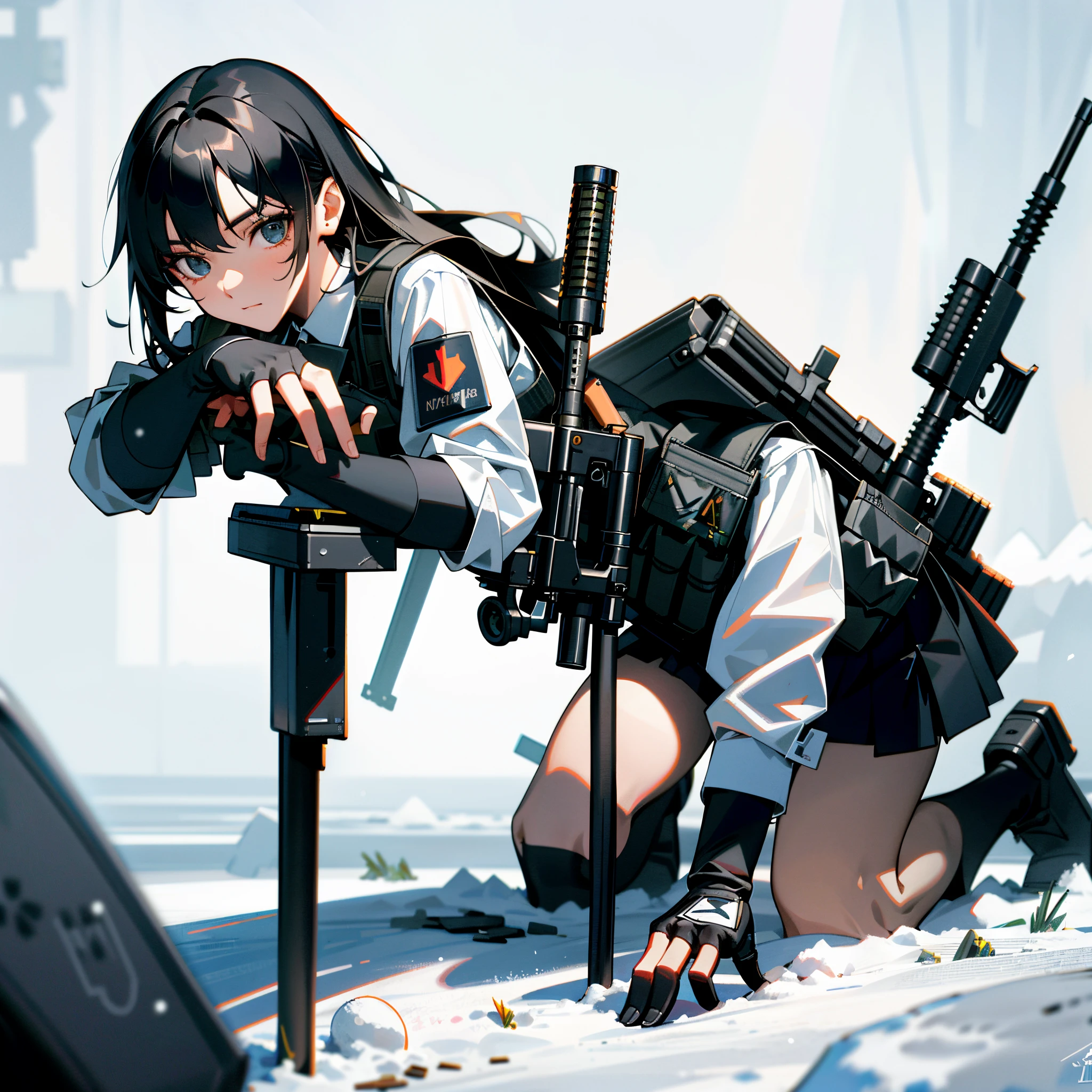 ((Best Quality)), (Masterpiece), Photorealistic, photorealism, A girl kneels and takes aim with an AK-47 assault rifle, mini-skirt, (Upper legs), Photorealistic, high resolucion,Snow background, looking at camera, (Detailed face), Long black hair, SWAT vest, gunshot, jewellery，black gloves, Fingers are covered.