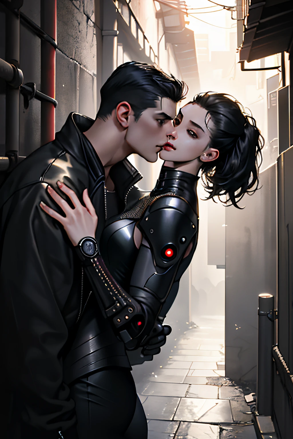 (Best Quality, Masterpiece) man and girl kissing, couple kissing, (The details are great), the night, a boy and a girl, Young, sharp facial features, black hair, Beautiful, detailed faces, 4k, Black Cyberpunk Clothing, light skin, gloomily, dark alley