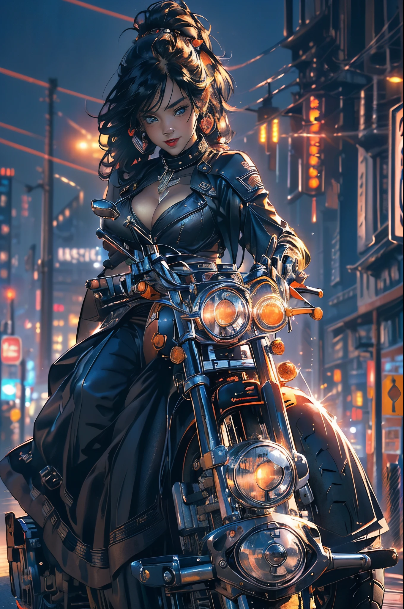 ((Multiple award-winning works, With incredible details, textures and maximum detail,(フォトリアリスティック))), ((Use a bright color scheme,Photos depicting the streets of Harajuku,one-girl,dressed in:Harajuku-style fashionable clothing,Robotic arms and legs,(Confident laughter), ((Get on the motorcycle)), ((Get on a motorcycle)),(((harley davidson motorbike))),(((the right motorcycle:1.7))),(((Correct ratio of people to vehicles:1.6))),Bold colors and patterns, eye-catching accessories, Stylish and innovative hairstyle)),,(( girl,Half-mech girl,((plump and sexy woman:1.6)),(Cute big breasts),)), (Full-body image:1.2), (best quality real texture skin), ((five perfect and beautiful fingers)), (Anatomically correct limbs and physique:1.5), (Anatomically correct perspective and occlusion:1.5),(Gender characteristics are very obvious:1.5),(Exquisite, round and symmetrical eyes), (correct faces), ((A detailed的the face:1.6)), ((Background with:bedazzled,cyberpunk city landscape, skyscrapper, (neonlight), (LED lights),)), (Complicated details:1.1), the complex background)), ((Bright and vivid color scheme:1.7)),((dynamic viewing angle+dynamic combination)),
