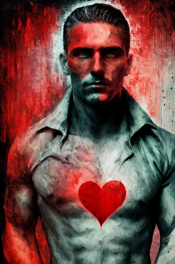 Create a design of a man symbolizing dark and love, psycholagy, love, manipulation, dark and red colors.