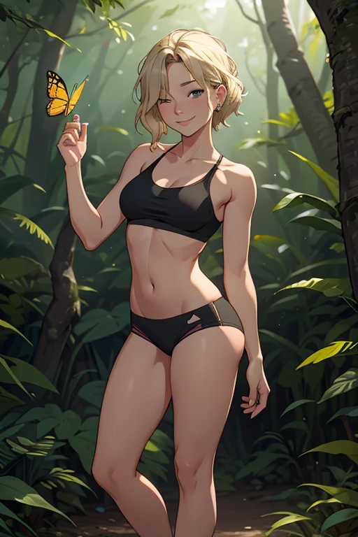 A beautiful  23 years old barefoot woman, with wavy short blonde hair, earrings, calm smile, wearing a black blindfold and a sportsbra, standing in a forest, with a butterfly in her hand.