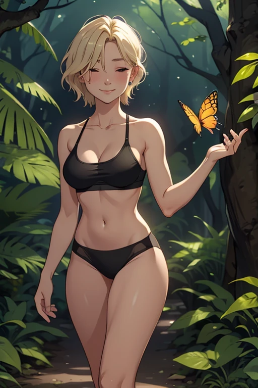 A beautiful  23 years old barefoot woman, with wavy short blonde hair, earrings, calm smile, wearing a black blindfold and a sportsbra, standing in a forest, with a butterfly in her hand.