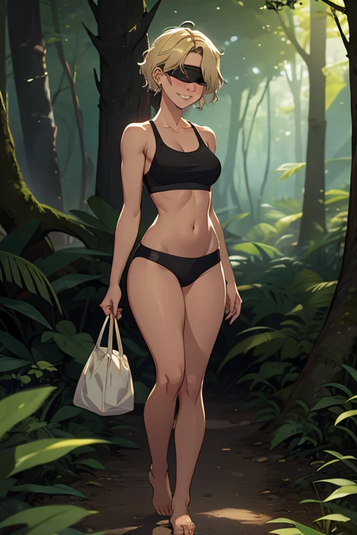 A beautiful 23 years old barefoot woman, with wavy short blonde hair, earrings, calm smile, wearing a black blindfold and a sportsbra, standing in a forest, with a butterfly in her hand.