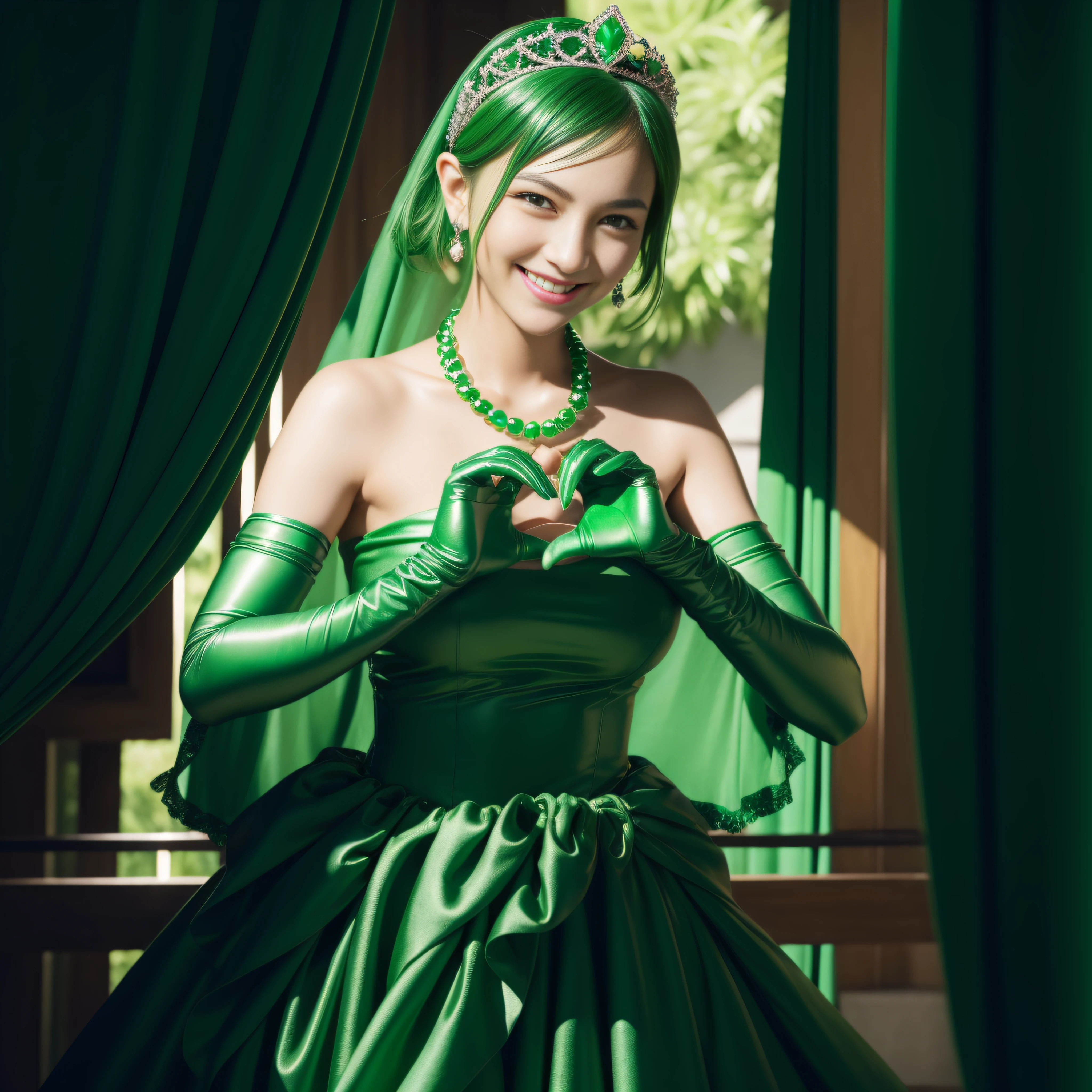 emerald tiara, Green Pearl Necklace, Boyish very short green hair, lipsticks, Japan woman smiling, very short short hair,  big breasts beautiful, Green eyes, Long green gloves made of satin material, Green eyes, Emerald Earrings, green vale, Heart with both hands