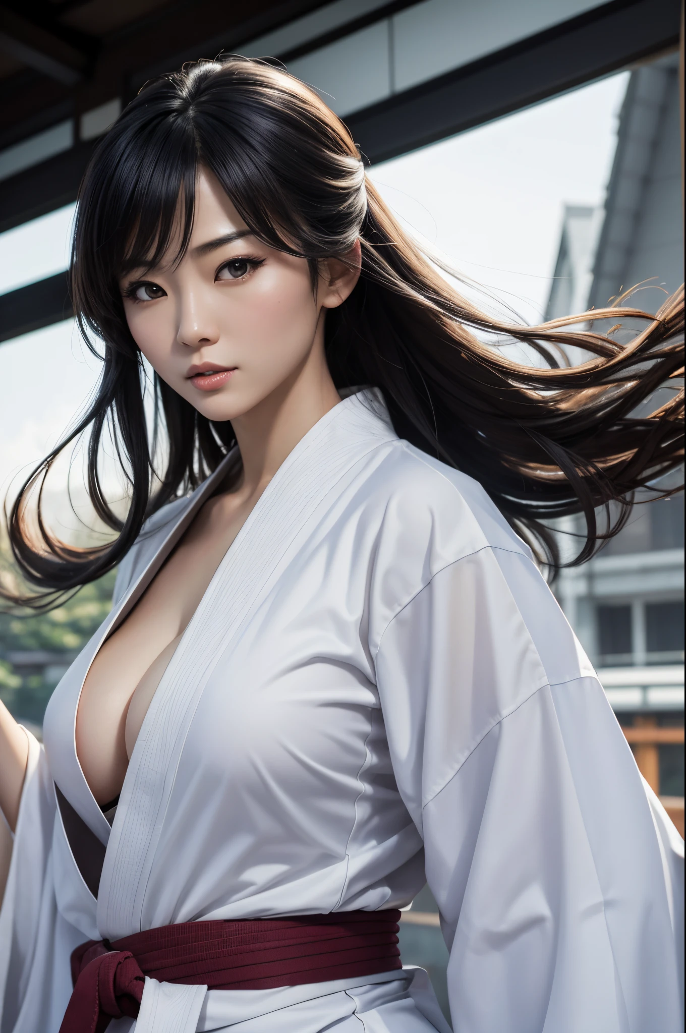 8K,sexy japanese lady,A dark-haired,White kimono,high quality karate、Dynamic Actions、Kick up high,movimentos poderosos、Dynamic backgrounds。large full breasts,frontage,Look at viewers,glareing,karate lady portrait,超A high resolution,real looking skin,Precise hand details,enticing,