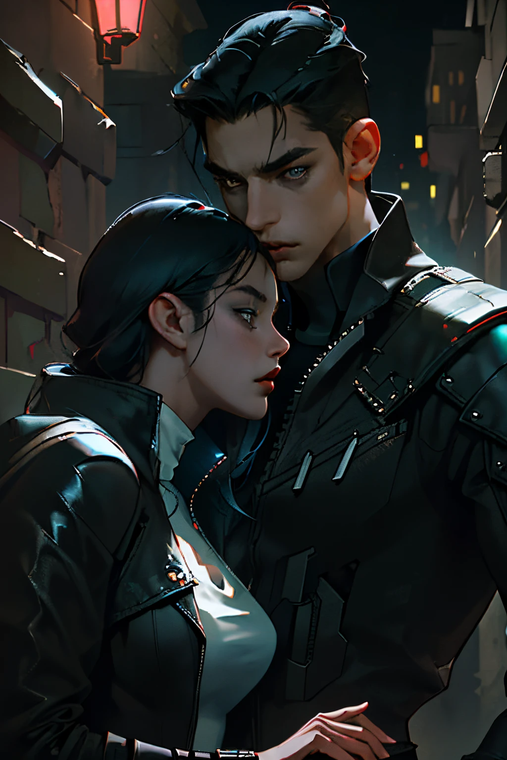 (Best Quality, Masterpiece) man and girl kissing, couple kissing, (The details are great), the night, a boy and a girl, Young, sharp facial features, black hair, Beautiful, detailed faces, 4k, Black Cyberpunk Clothing, light skin, gloomily, dark alley