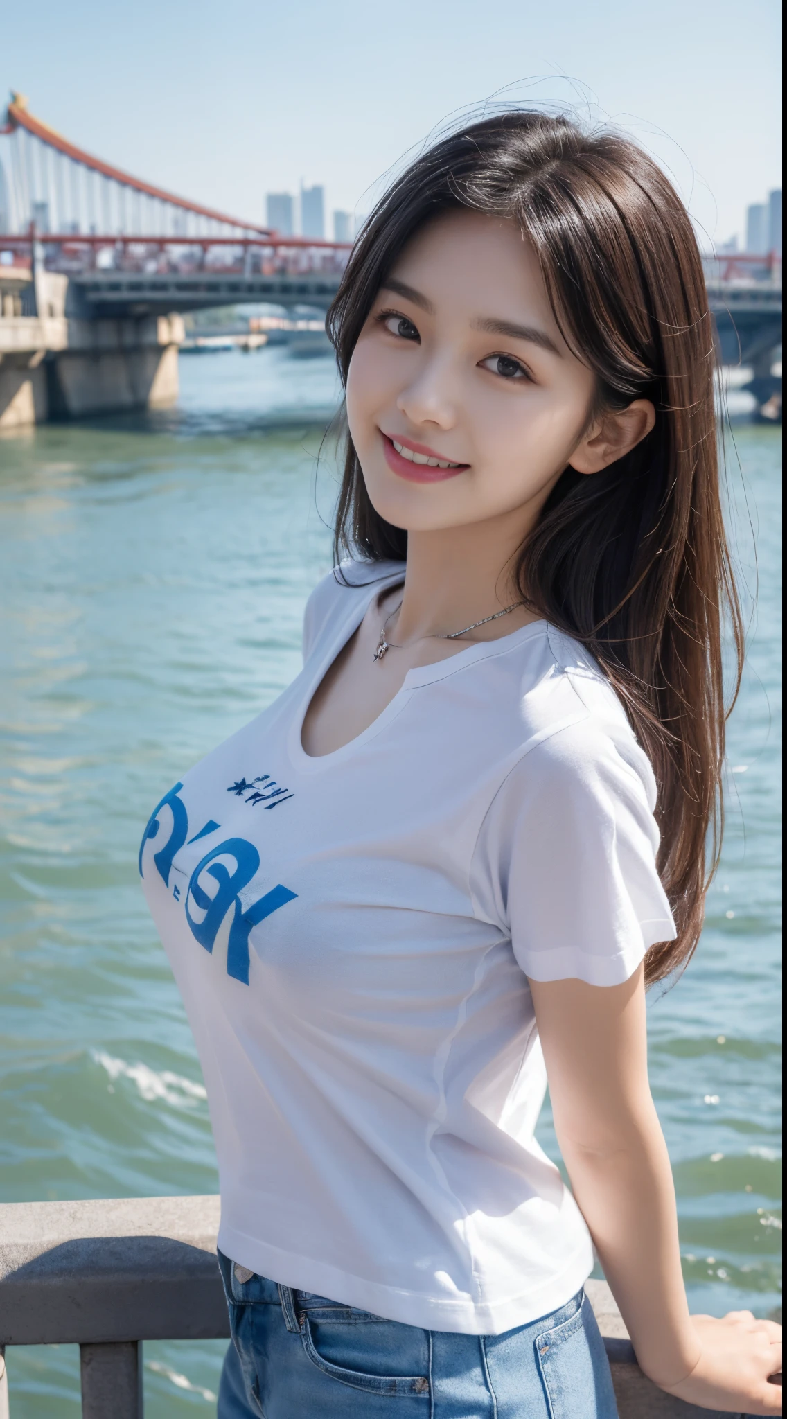 ((Top  Quality, 8K, ​masterpiece:1.3)), (Focusing:1.2), (Perfect Body Beauty:1.4), ((delicate hair)), Highly detailed facial and skin texture, Fair eyes, Double eyelidd, Glossy skin, Sorrisos, Wearing a necklace, Glossy face, smaller face, (tits huge:1.4), 20yo, Beautiful smile, (Cotton in various colors), (Half open casual t-shirt:1.4), (Seoul's Han River promenade overlooking the blue river)