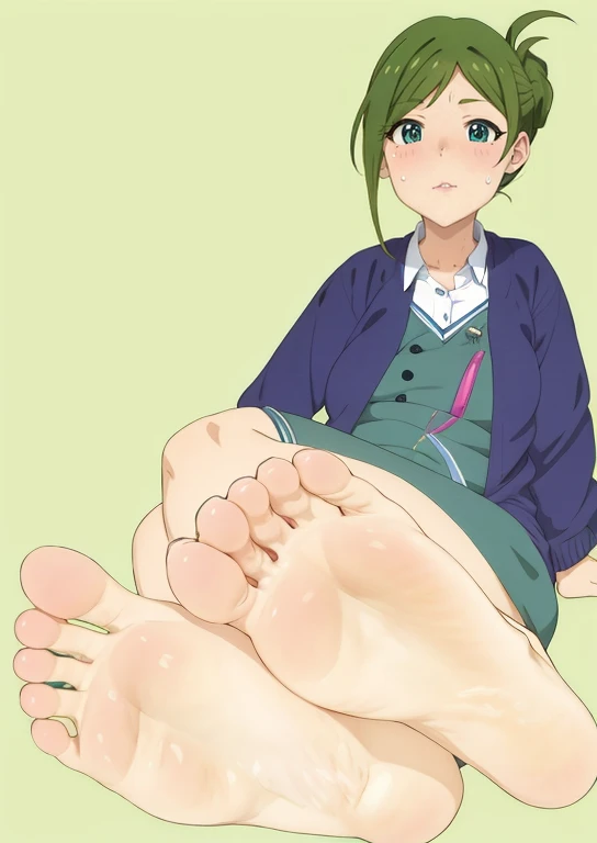 Anime girl with big legs and belly in a red shirt, giantess art, detailed foot pov, Foot Art POV, soft anime illustration, big legs, anime highly detailed, mid view from below her feet, digital anime illustration, The art of the foot, high soles, digital anime art!!, feet posing, SFW version, digital manga art, sole of feet, Close-up of the sole of the foot, Nanakusa Hazuki, The Idolmaster Shiny Colors, Sweaty feet
