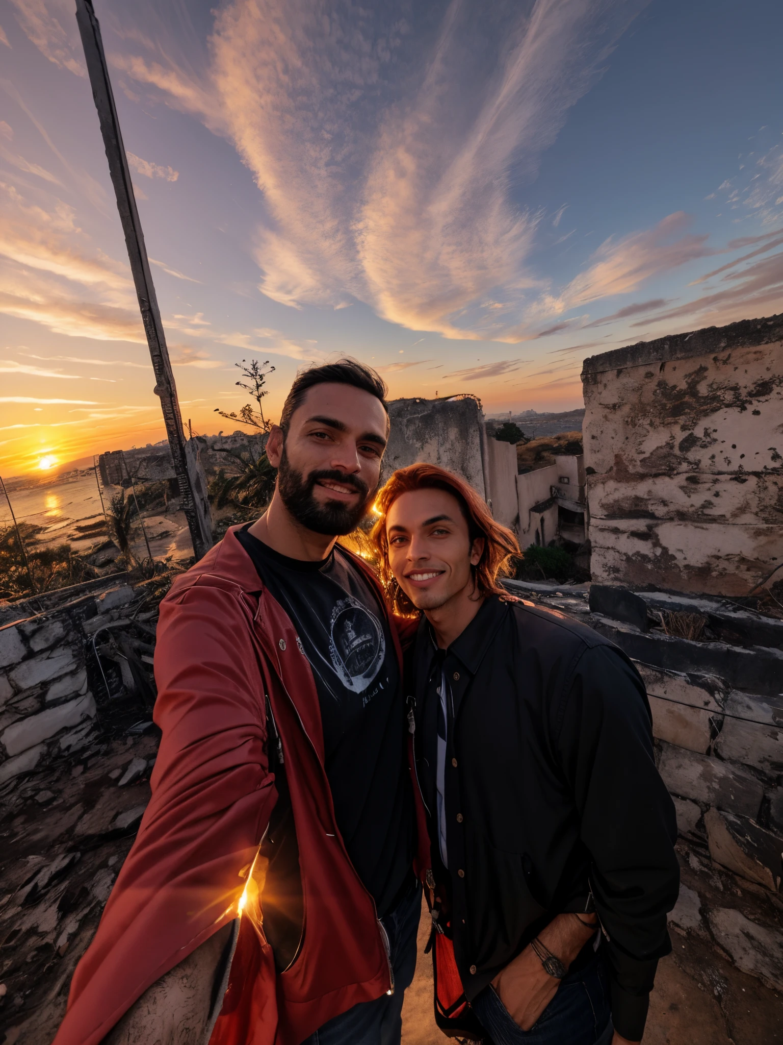 there is a man and a woman taking a selfie at sunset, com um castelo ao fundo, Ruins in the background
