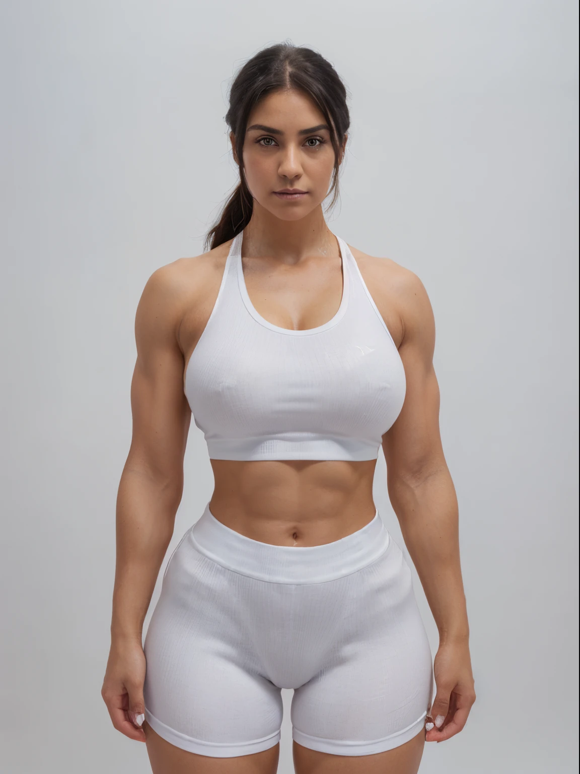 (retouched:1.6), black hair, hazel eyes, small nose, medium hair, broad shoulders, bodybuilder, woman, huge biceps, huge triceps, thick thighs, six-pack abs, (hourglass figure), white sneakers, (black gym clothes), (standing straight), facing viewer, (taller than viewer), studio background, (front full body portrait),