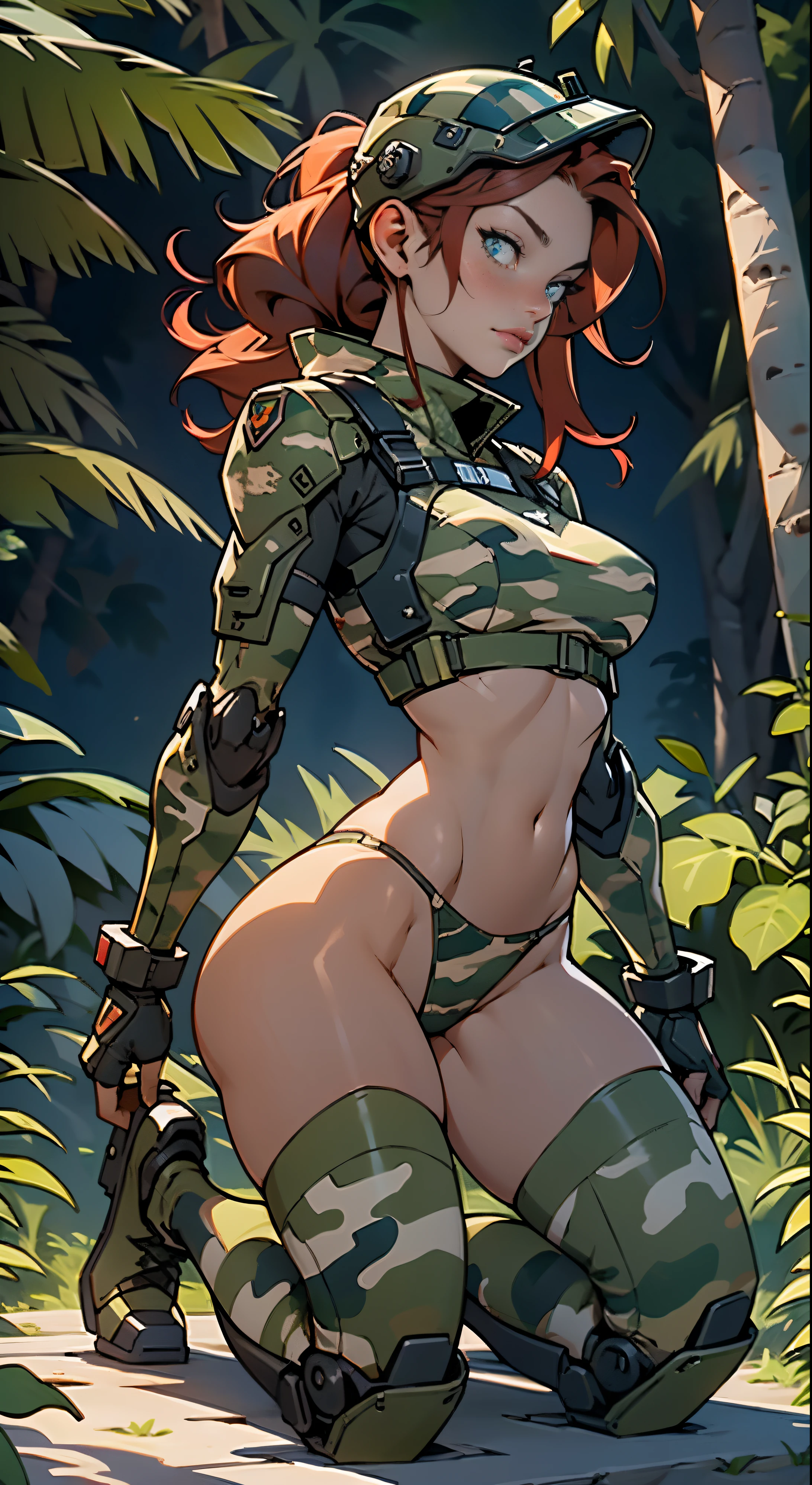 1woman 20 years old, max resolution, sculpted, military, wearing a soldier helmet, beautiful, perfect body, red hair, blue eyes, perfect body, thin waist, wide hips, large breasts, slim thighs, jungle background, armored vehicle, military robot dog, camouflaged uniform, tight panties, two-piece, highly detailed, high resolution, perfect hands, side view, camo, face fully turned to the side to look at the viewer, turn her head to look at the viewer, genuflection kneeling, one knee on ground, one knee up, bare arms