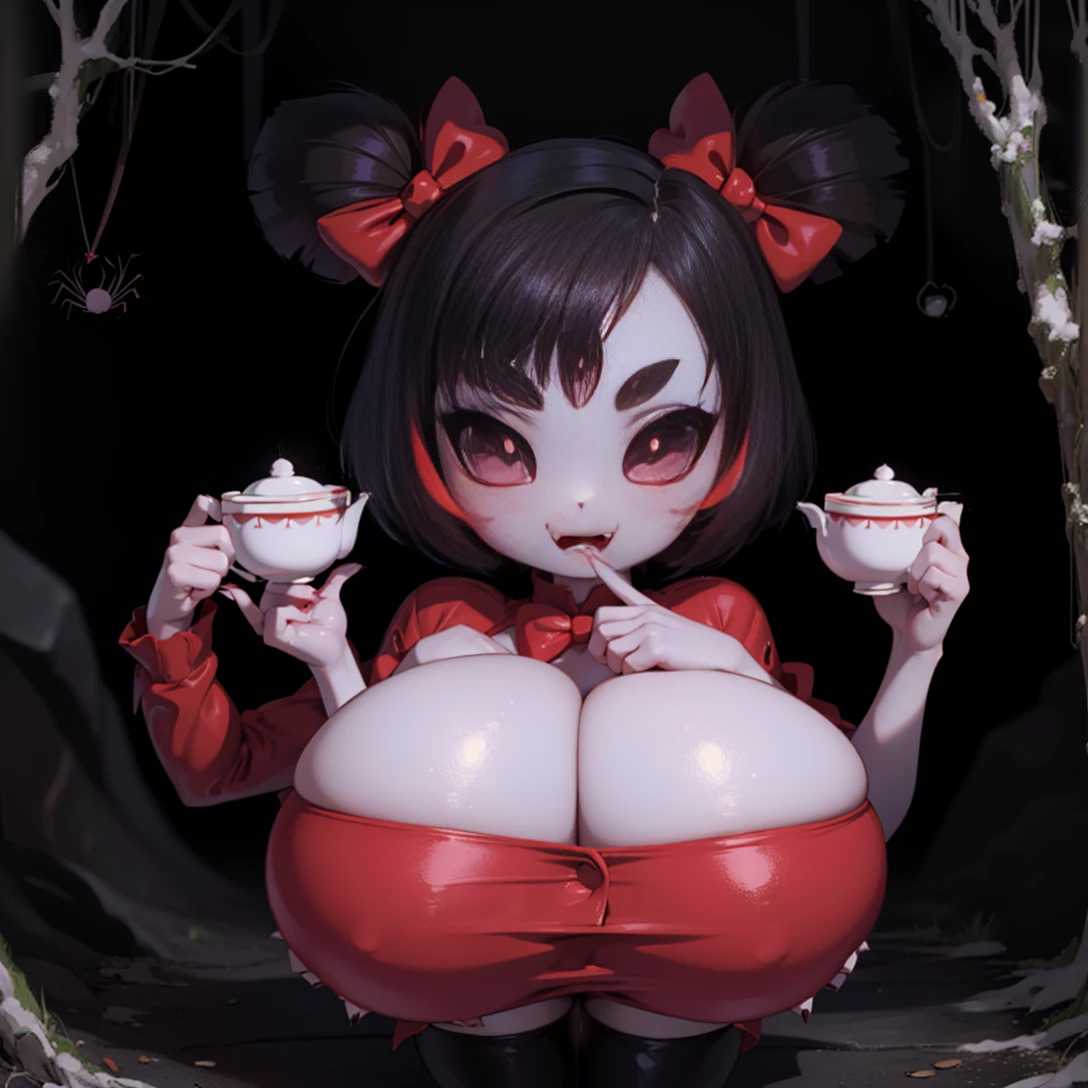 [muffet_(undertale)], [uploaded to e621.net; (napalm_express), (iseenudepeople)], ((masterpiece)), ((HD)), ((High definition)), ((detailed shading)), ((solo portrait)), ((full body)), ((beautiful render art)), ((monster girl)), {(spider girl); purple skin, glowing red eyes, 5 eyes, black hair, (2 hair buns), (6 arms), (sharp claws), (fangs), (excited expression)}, {(puffy red rompers), (buttons), (black knee high heel boots)}, {(walking), (holding teacup)}, [Background; (cave:1.2), (webs), (dark lighting), (spiders)], (huge breasts:1.6)