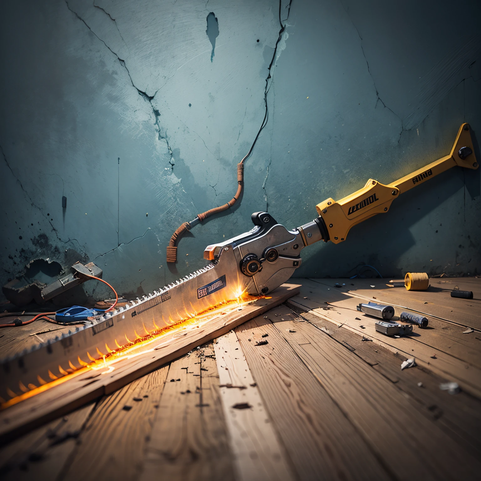 Commercial photography of a carpenter's saw, split lighiting, geometric composition, minimal plane, top advertising, high deatil, UHD, 32k --auto --s2