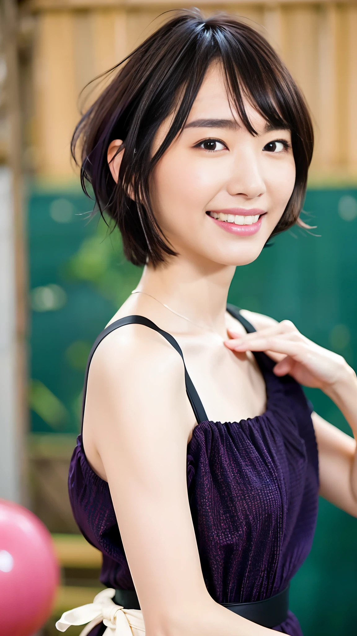best quality, masterpiece, ultra high res, (photorealistic:1.4), raw photo, 1girl, beautiful Japanese woman, beautiful skin, black hair:1.7, gakki, ((short hair:1.5)), 30 years old, happy laughing:1.2, micro bikini