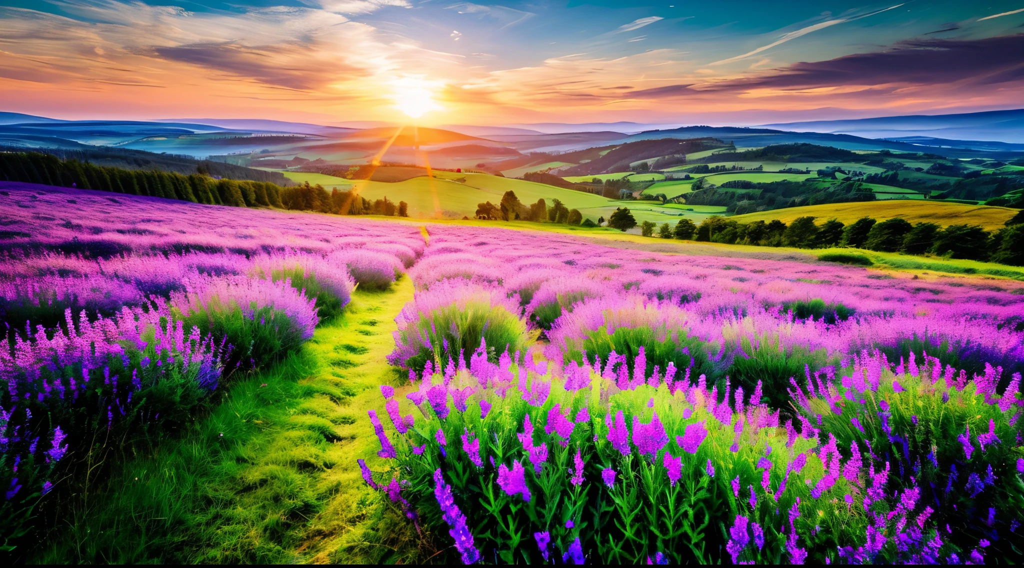 steppe landscape,blue sky and clouds, green forest, dingdall effect,a country road,Lavender flower field, Colorful hot air balloons in the sky,high quality desktop wallpaper, verdant forest, Detailed field properties, beautiful english countryside, amazing scenery, endless rolling hills, scenery wallpaper, lush countryside, patches of green forest, amazing scenery, Purple fields in the background, high-quality wallpaper, beautiful wallpaper
