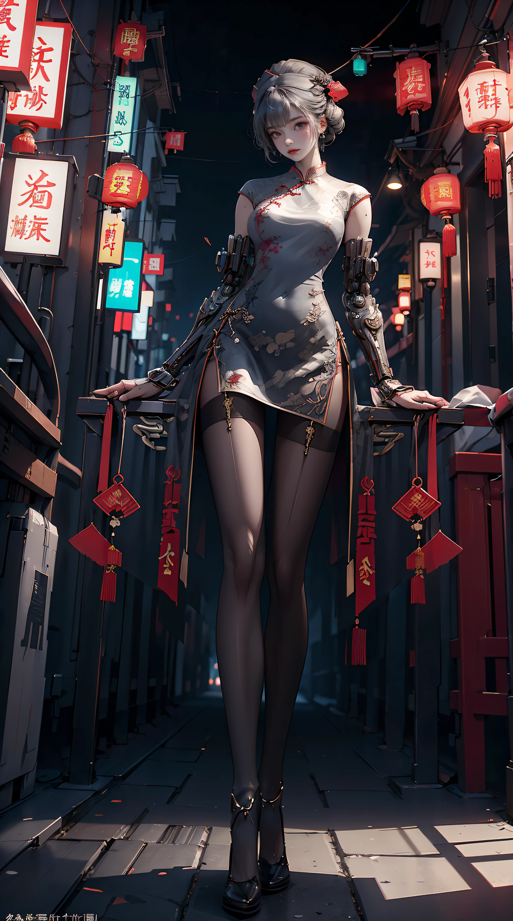 tmasterpiece,Best quality,A high resolution, 1 plump girl,from below,(The legs are very thin and straight),,(The legs are long,Straight legs),,high-heels,long leges,Stood up, Leg length when viewed from the front, perfect body figure,Have perfect legs,cyber punk personage,dynamicposes,1 plump girl,Elaborate Eyes,Brown eyes,eye shadows,putting makeup on,Long gray hair, Detailed faces, A detailed eye, looking at viewert, blush blush, full pouty lips, Redlip,(Long gray hair:1.3), (Stood up)Mechanically static,Mechanical summoning,(hair adornments:1.1),Hats,((((Red cheongsam)))),(blackstockings,pantyhose garters),城市,Luminescent windings,glowing butterflies,Cyberpunk lights:1.1),neonlight,Fully mechanical and futuristic elements,technologies,The background is a traditional Chinese street,china city, the street, sky sky, cyber punk personage, paper lanterns, Neon Super Resolution,(真实感:1.3),1(Slim:1.2),dramatic lights,vibrant detail,Luxury cyberpunk,the complex background,Rendered by Octane,