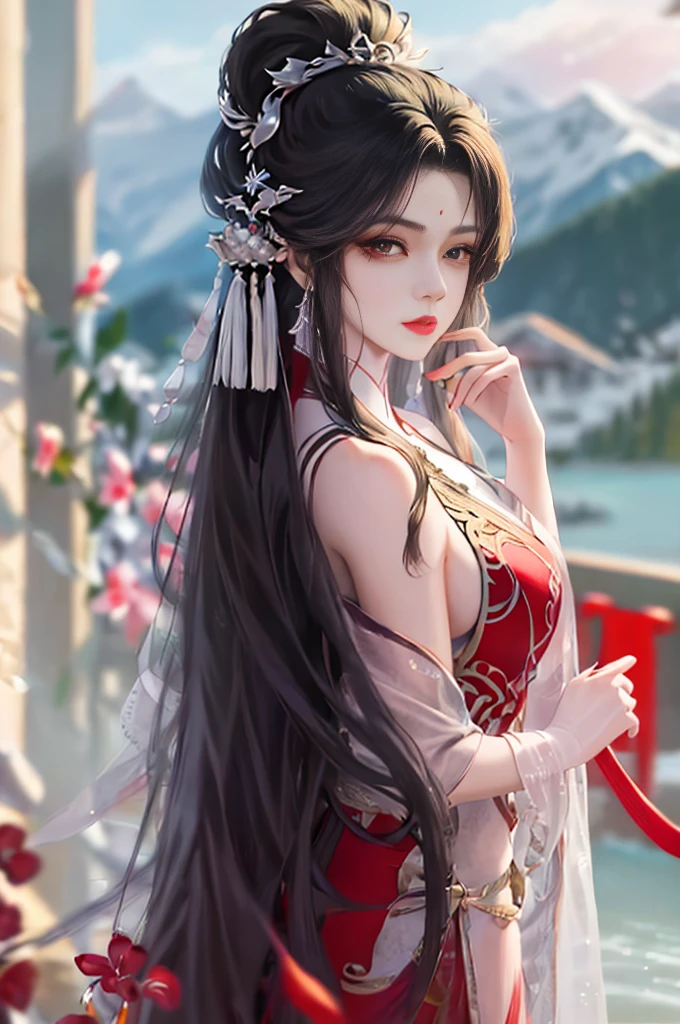 heroes&#39;A masterpiece in the style of ancient Wei Zi，Close-up of a woman with black hair，reddress，Exquisite epic character art，Presenting stunning aesthetics and antique atmosphere，The delicate brushstrokes and depth of field in the picture make you immersed in the scene，Fan Qiwu quasi-world can be regarded as the beauty of mountains and rivers，Liu Yifei,