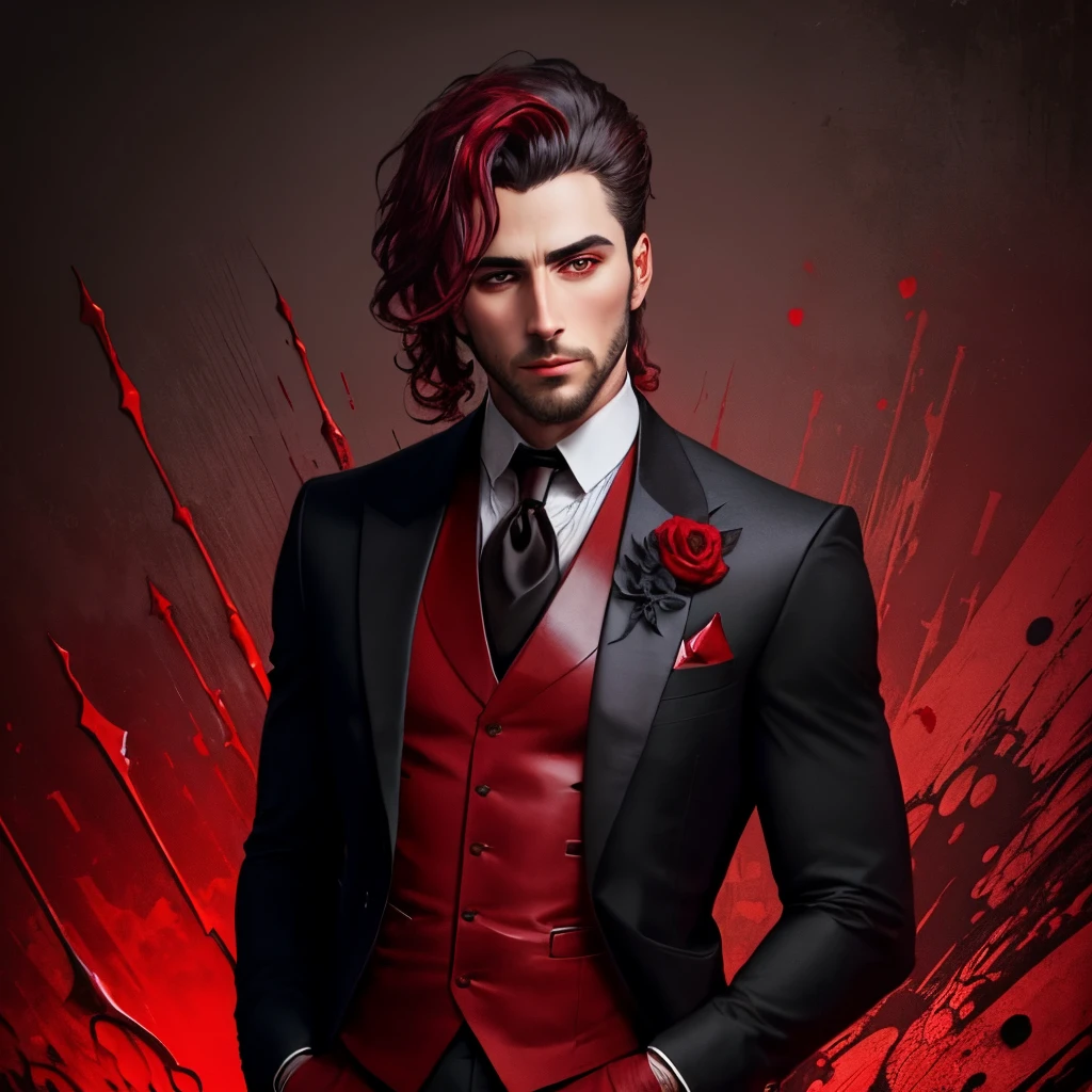 Create a design of a man with suit symbolizing dark and love, psycholagy, love, manipulation, dark and red colors.