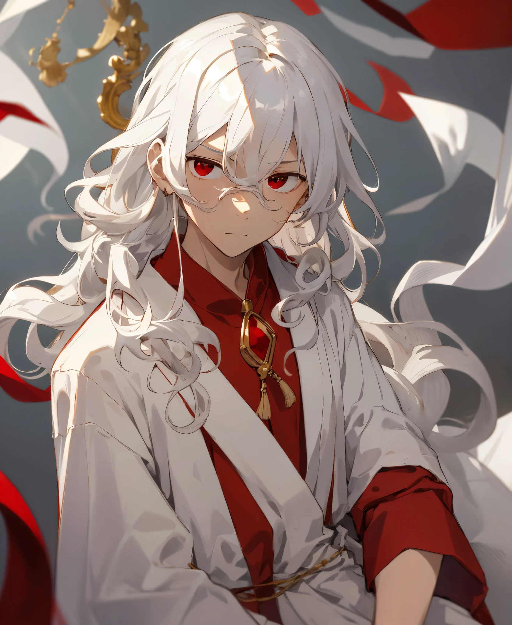 (masterpiece, best quality, high quality), 1boy, 1guy, ((unimpressed)), sitting, looking at viewer, white hair, (long hair, disheveled hair), red eyes, :(, flowing hair, curly and wavy hair, wearing a red gemstone pendant, wearing a royal white-coloured silk robe, red tshirt hidden under white robe, Full sleeve robe, silk robe, white robe, long robe, long silk pants, young age, staring at viewer. Crossed arms