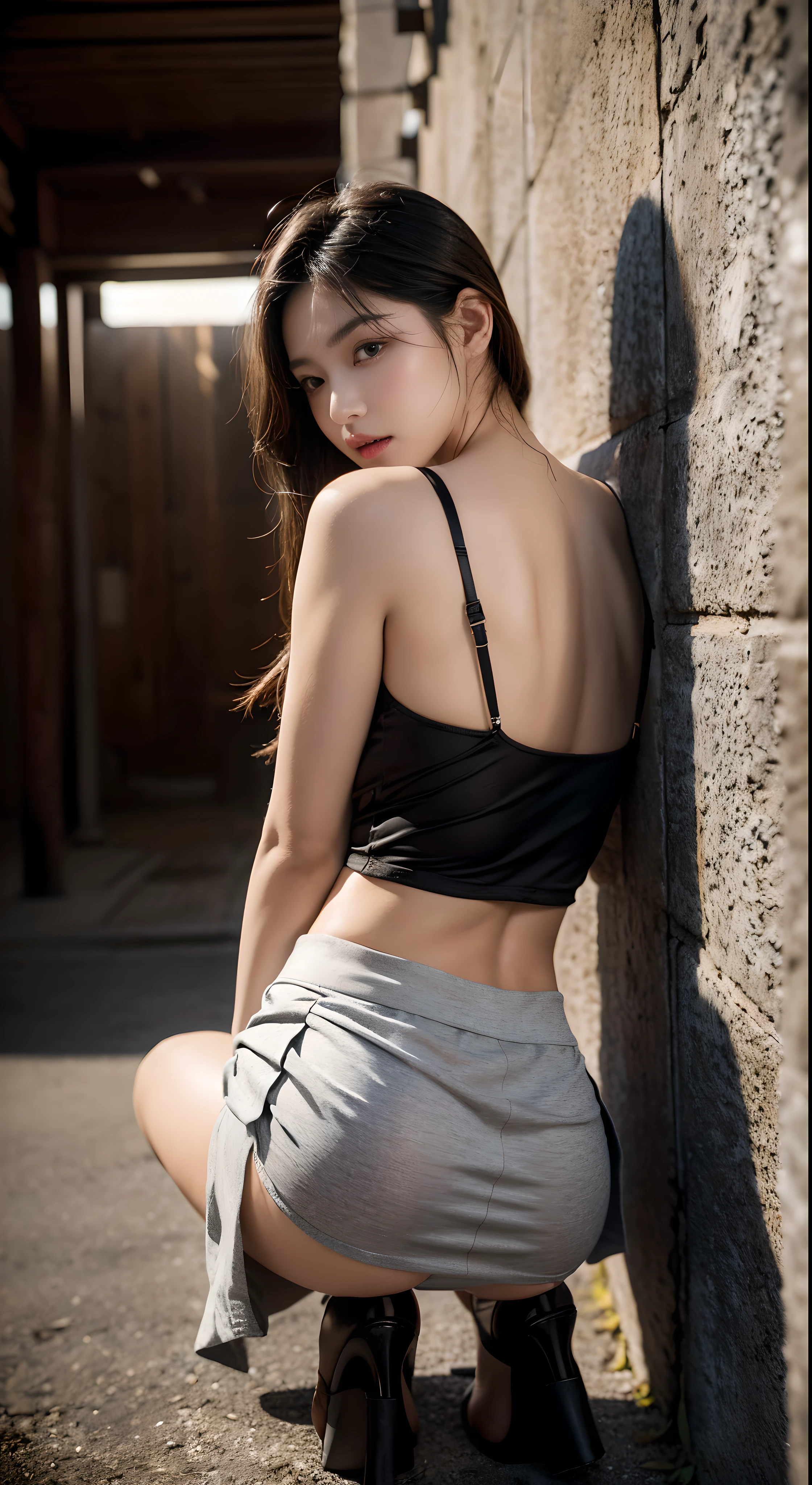 Charming woman in a short white ultra-low rise skirt、Her OL uniform elegantly draped over her curvy figure、(Ultra-low rise skirt)、She crouched worriedly behind the corner wall、There are pedestrians passing by、bathed in the soft light of the moonlight、The scene is、With a mysterious and sexy touch、It exudes an ethereal dreamy atmosphere。The lights are filled with soft moonlight、casting soft highlights and shadows on her charming features。(black lence stockings，long leges)、Wear an OL uniform、Short skirt with low rise、black heels、Large breasts、Long legs、perspired、Three-dimensional facial features、４ｋ、８ｋ、RAW photography、best qualityer、(with short black hair)、A high resolution、High-quality photos、pensive expression、Melancholy、Open-mouthed、Stick out your tongue、is shy、(Wear thongs、High slit、open waist、Bare back、Gray tight miniskirt、Tong)、back shots、Watching from behind、squating、Thong full view