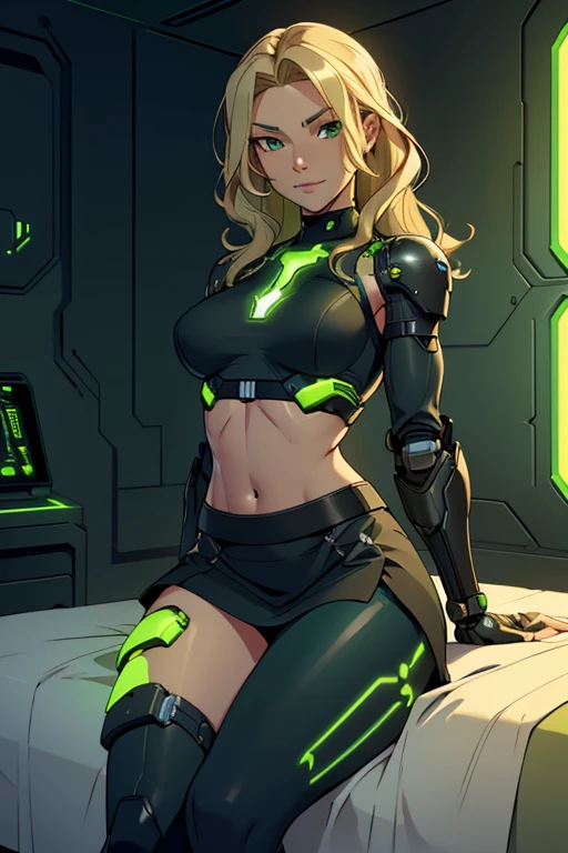 A beautiful, young, barefoot cyborg woman, wearing skintight cybernetic technological black and green body armor with a skirt, , with short blonde wavy hair, in a futuristic room, lying on a bed, happy facial expression.