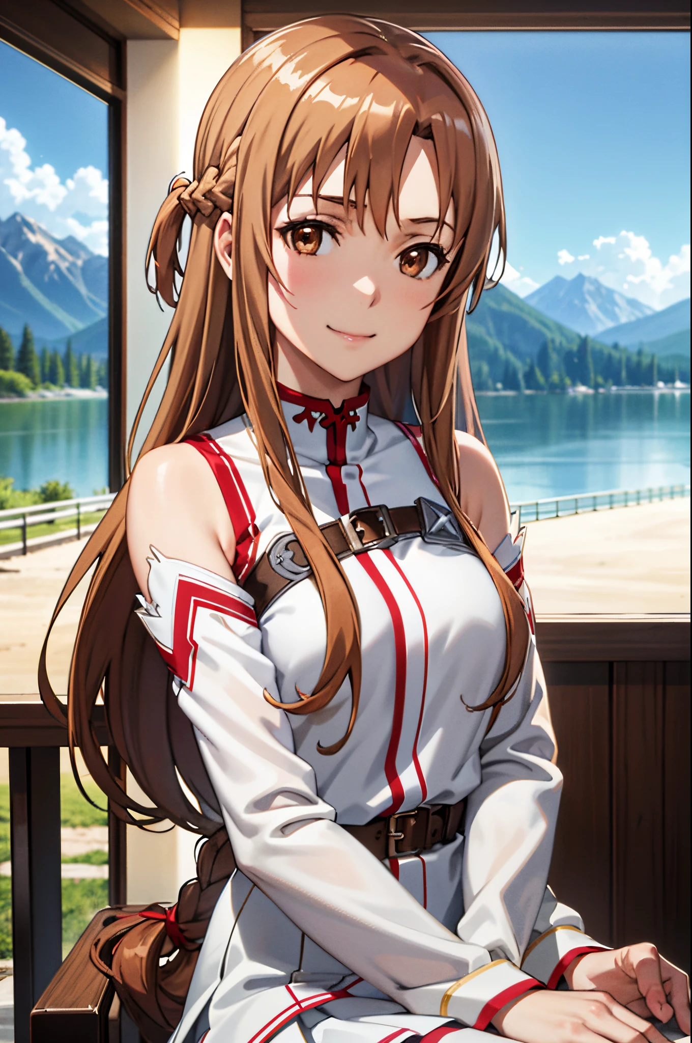 hight resolution),M1necr4ft, masterpiece、top-quality、realistic detail、crisp image、, masutepiece, Portrait, 1girl in, Yuuki Asuna, Brown hair, Brown eyes, medium breasts, Long hair, braid, Kotovo, White Gloves, White uniform, White boots, Red skirt, Red strap, Looking at Viewer, Smile,mountains and a lake with a moon in the sky,