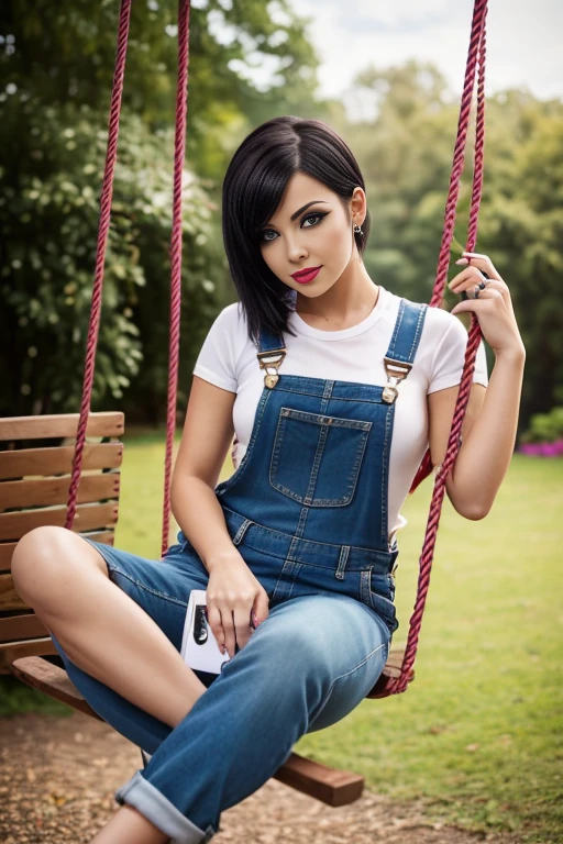 Petite 30 year old stripper with golden black hair in a short undercut pixie style with fringe completely covering one eye and striking blue eyes wearing eye liner, pink lips, wearing a dungaree, detailed face, sitting on a swing outside