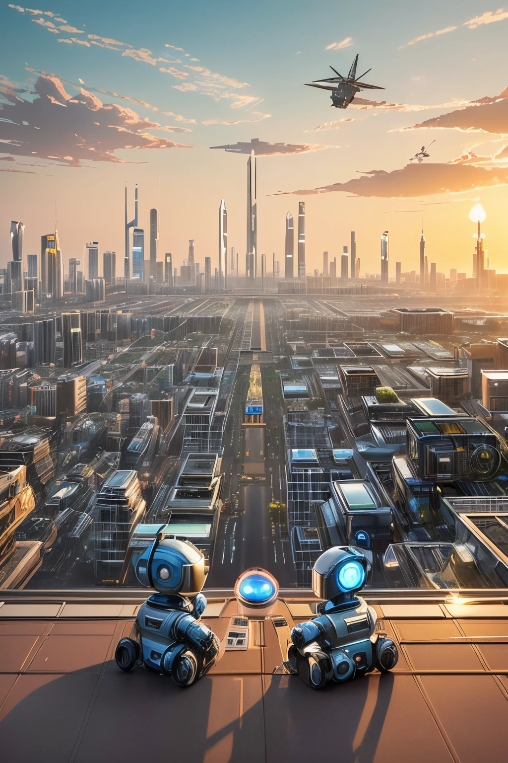 masterpiece、Illustration of a future landscape expressing the bond between robots and pets、 Cities of the near future、(On the roof of a high-rise building)、A scene featuring the sky at dusk、at the sunset、The lights of the city begin to turn on、The state in which buildings and surrounding scenery are illuminated、Rooftop view of a building、
(Harmony of technology and nature)、(((A scene themed around friendship between humans and machines)))、Robots and pets respect each other、A style depicting warm scenes of spending time together、Interaction between robot and pet、Humanoid robot、