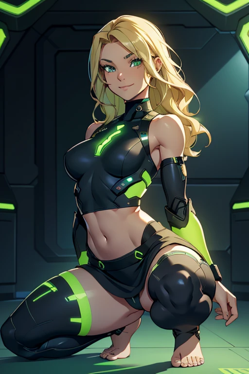 A beautiful, young, barefoot cyborg woman, wearing skintight cybernetic technological black and green body armor top with a skirt, bare midriff, with short blonde wavy hair, in a futuristic room, squatting, happy facial expression.