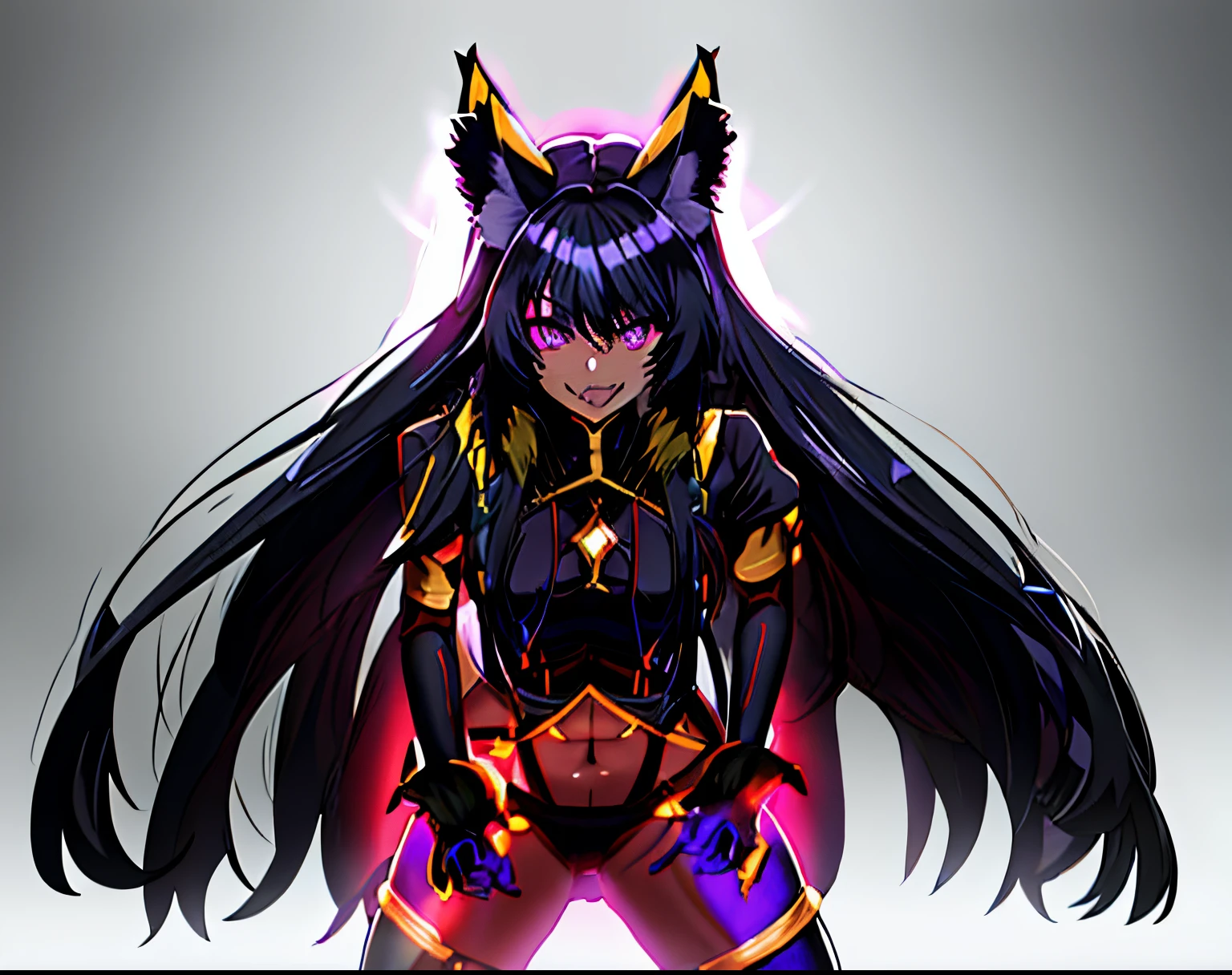 anime character with long black hair and horns standing in front of a white background, anime moe artstyle, mystical anubis valkyrie, albedo from the anime overlord, mika kurai demon, noire, official character art, demon anime girl, female anime character, best anime character design, anime catgirl, anime monster girl, detailed anime character art, hestia, delta