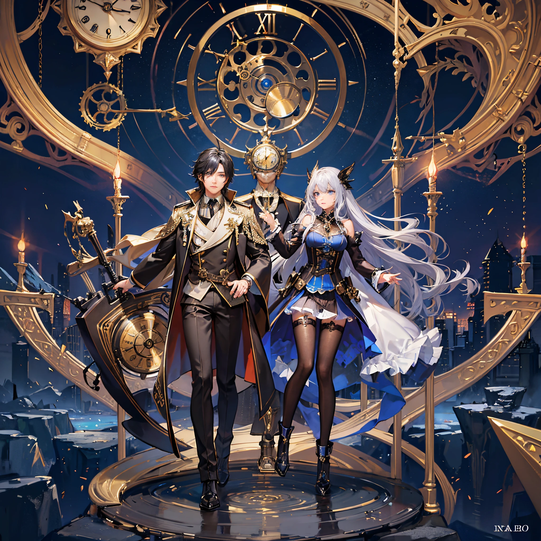 absurdres, best quality, fine detailed, 8k, 1girl, silver long hair, blue eyes, fantasy long dress, hair ornaments, 1 boy, black hair, gold eyes, fantasy long black coat, Many huge clocks and mechanical gears floating in the blue sky, a huge clock decorated with crystal texture, gears of various sizes, clock-themed ornament, silver chain, steampunk, ray tracing, refraction, cinematic lighting, fisheye lens, tyndall effect