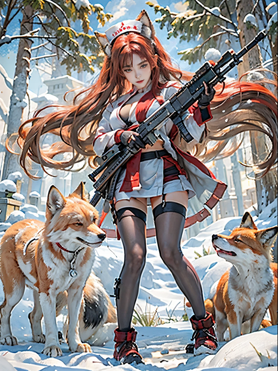 realistically, A high resolution, 1人の女性, butt lift, view the viewer, (Detailed faces),red hair clothes, Long gray hair, nurse's outfit, Enchanting figure,bared chest,Expose her belly,Bare with thighs,The red fox is around,Snow background, Girl aims AK-47 assault rifle