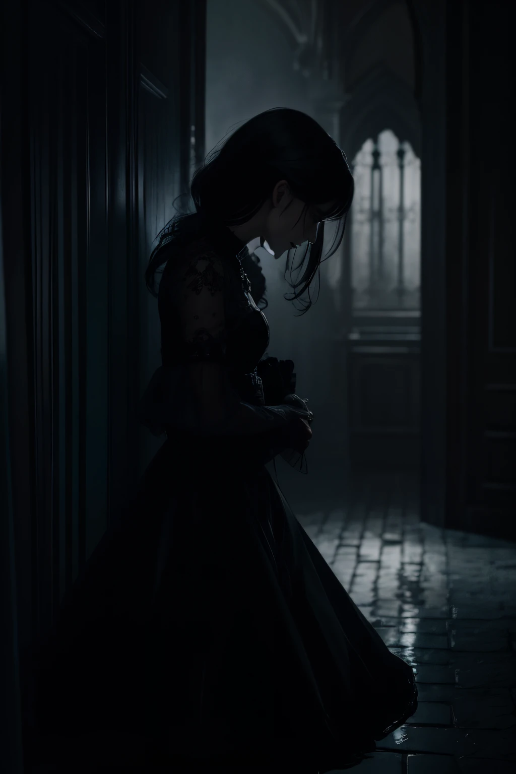 Full body shot from a very far distance、very dark screen、insanely detailed, night view, fair skin, very-detailed-faces, angry, head tilt, short hair, portrait, profile, stand against the wall,　gothic castle、face that feels bad、gotik、black lipstick、Luxurious hair ornaments、Black dress、inside in room、Smaller chest、Girl's body shape、Black makeup、horor