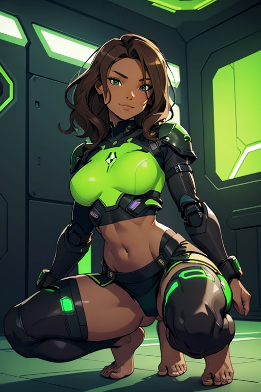 A beautiful, young, barefoot cyborg woman, wearing skintight cybernetic technological black and green body armor top with a skirt, bare midriff, with short brown wavy hair, in a futuristic room, squatting, happy facial expression.