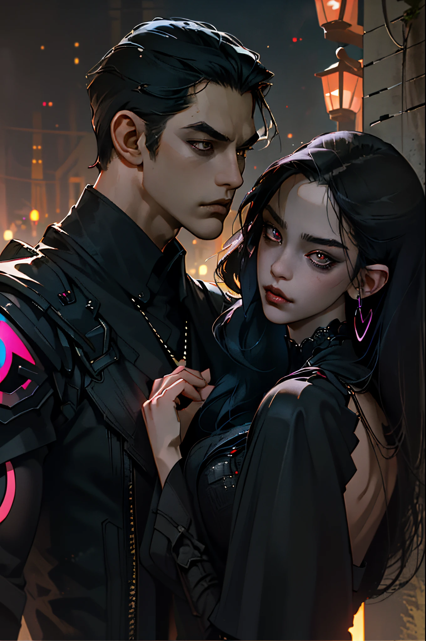 (Best Quality, Masterpiece) man and girl kissing, couple kissing,  (The details are great), the night, a boy and a girl, Young, sharp facial features,  black  hair, Beautiful, detailed faces, 4k, Black Cyberpunk Clothing, light skin, gloomily, dark alley, 詳細な目, passion, Red lanterns