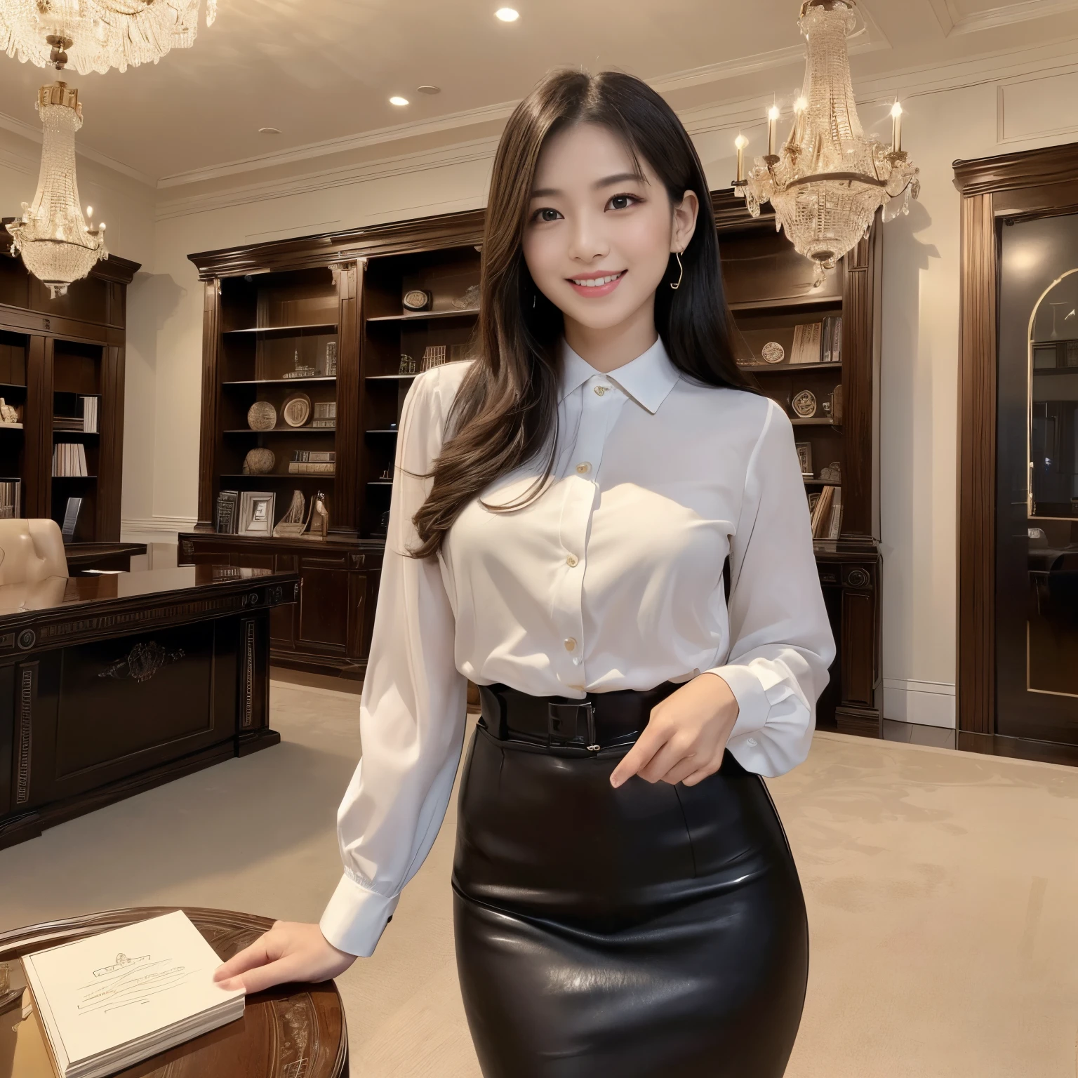 ((top-quality、masutepiece、8K、Top image quality、Photographs of people、1 photo))、((女性1人))、She's in the office、Shooting mainly women、Woman&#39;s upper body photo、Photo from the waist of a woman、cowboy  shot、Chignon、Formal blouse、formal pants、vd&#39;room with at、president’s office、Take a photo from the waist up、Upper body photo、(classy desk、luxury leather sofa、Large bookshelf、angular interior、Glass Showcase、Quality interior、Stylish lighting、gotik、top grade、solemnity、moderno、antique interior、Calm brown-based office、Elegant and calm atmosphere、The floor is a luxurious carpet、Luxurious room、high quality and luxurious、Sense of cleanliness、Stylish lighting、warm and elegant lighting)、perfect anatomia、she looked at me with a big smile、Beautiful teeth、perfect anatomia、