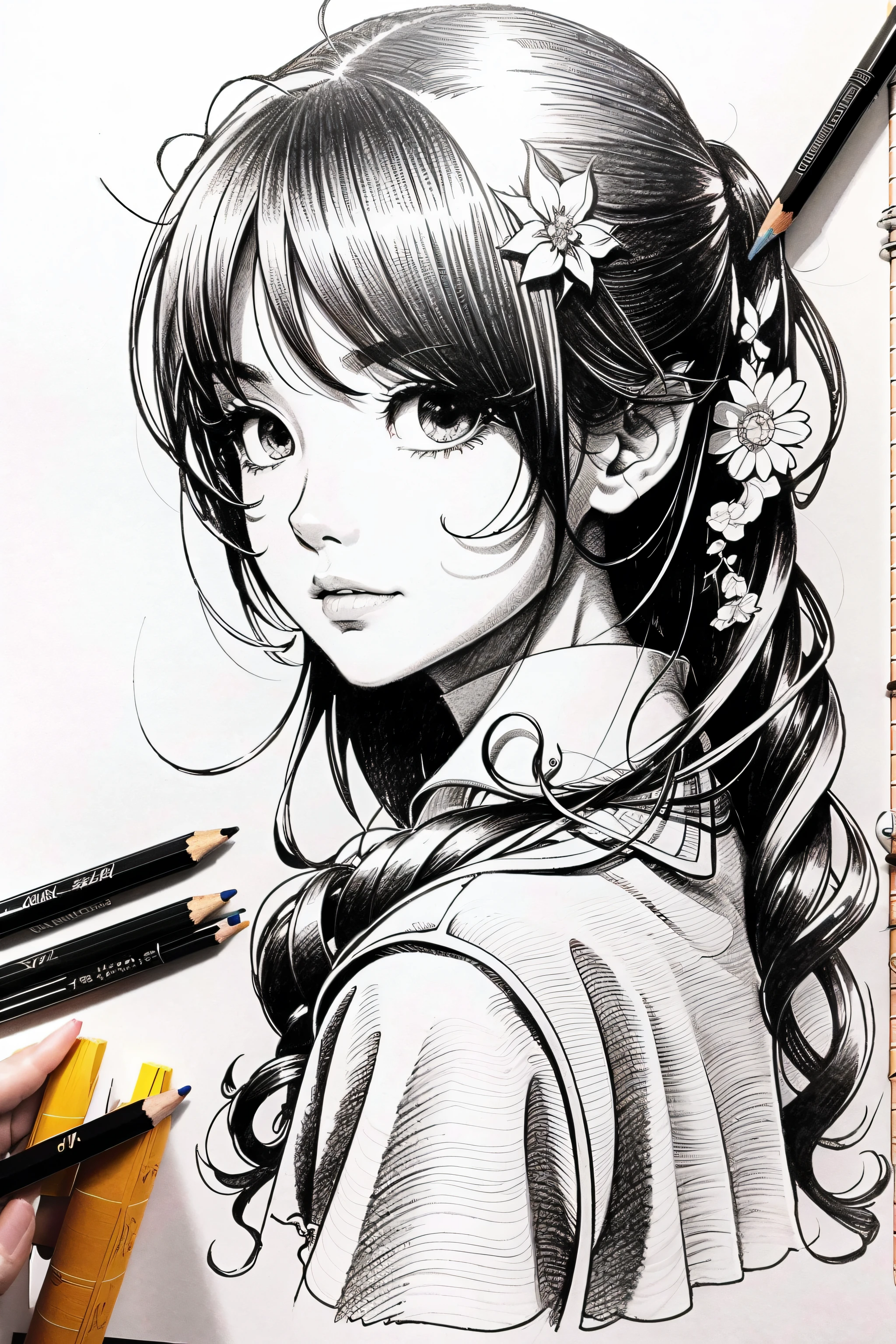 pencil drawing、Dramatic style、cartoon、Masterpiece、top-quality、best composition、ultra-detailliert