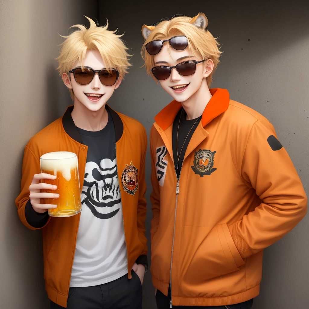 Japanese anime, Beautiful young man, a blond, Orange Eyes, Tiger Print Jacket, Tongue out, piece sign, Orange Sunglasses, Evil smile, concrete wall on background, diagonal upward angle,Beer in one hand,