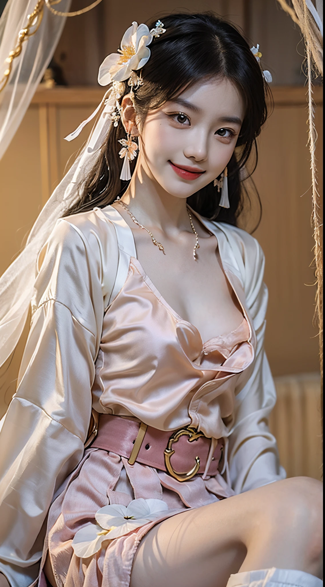 ((knee shot)), Shot from a random perspective, ((actual)), 1 Asian female model, A young girl, (closeup cleavage), the night, themoon, (in the attic, Leaning against the guardrail), Pleasing posture, Various postures attract attention, Flirting skirts, detailed scene, slender leg, curlies, hair pin, beautiful hair ornaments, Brownish-yellow hair, light make-up, blush blush, gloss on the lips, (Hanfu), ((White flower hanfu, draped in silk, DEEP-V COLLAR, high-waist, nice belt)), (white colors, Light yellow, light pink, light violet), ((warmly lit, Warm color palette)), (Extremely high color saturation), detailed detail, ultra - detailed, (tmasterpiece, Best quality), (An extremely delicate and beautiful work), elaborate earrings, delicatenecklace, simple blurr background, Extremely detailed description, Ultra-fine painting, s delicate face, slim toned body, Slimming the waist, (happy grin), (Anatomical correct)